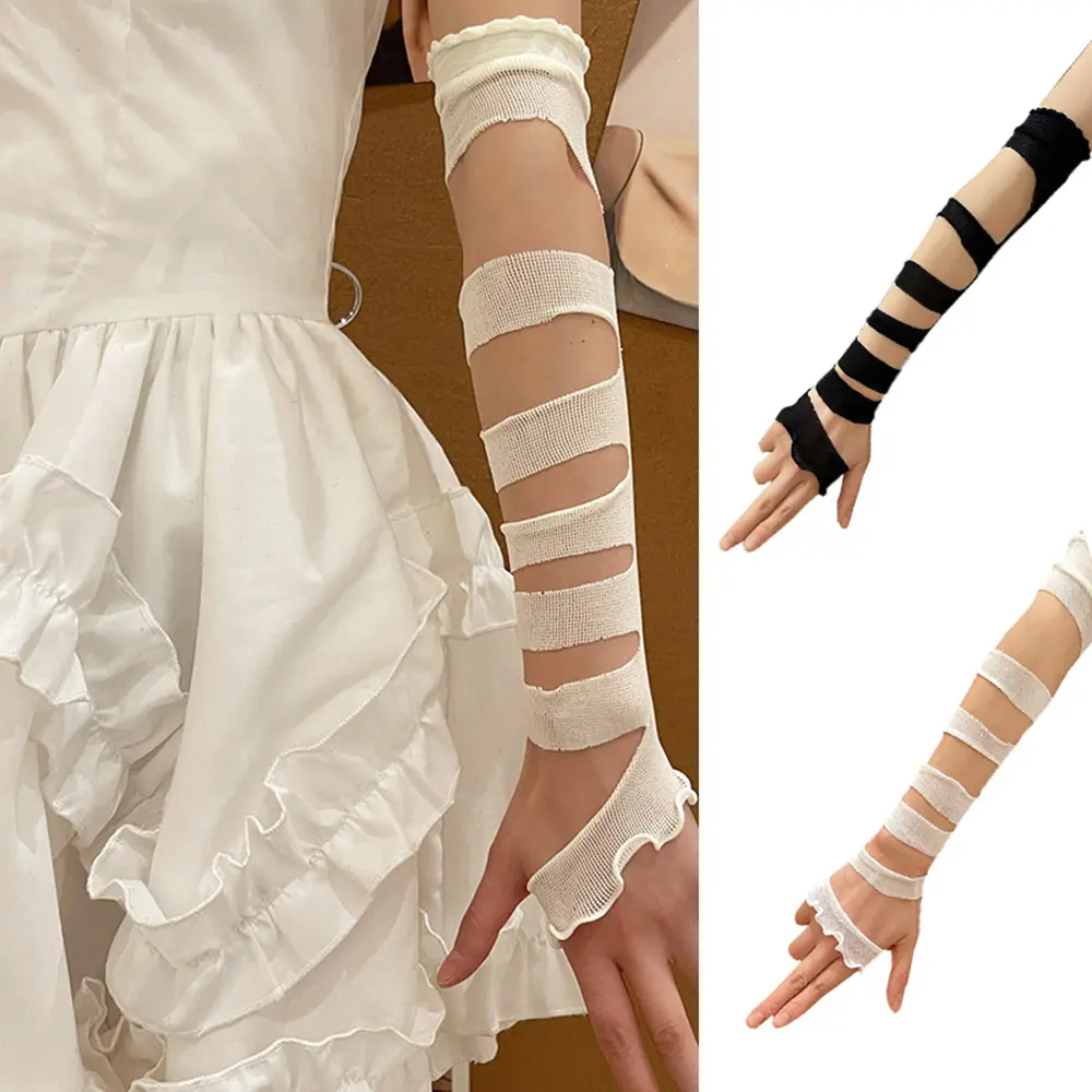 Cosplay Black White Bandages Arm Sleeves Girl Arm Cover Lolita Cosplay Gloves Korean Oversleeve Dress Up Fingerless Gloves Y2K