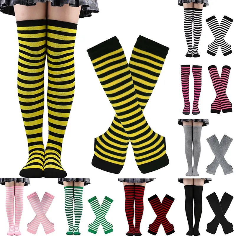 Long Fingerless Gloves Arm Cover Long Socks Striped Knitted Wrist Sleeves Arm Warmer Anime Gothic Overknee Socks Long Sleeve