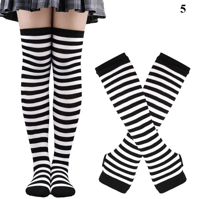 Long Fingerless Gloves Arm Cover Long Socks Striped Knitted Wrist Sleeves Arm Warmer Anime Gothic Overknee Socks Long Sleeve
