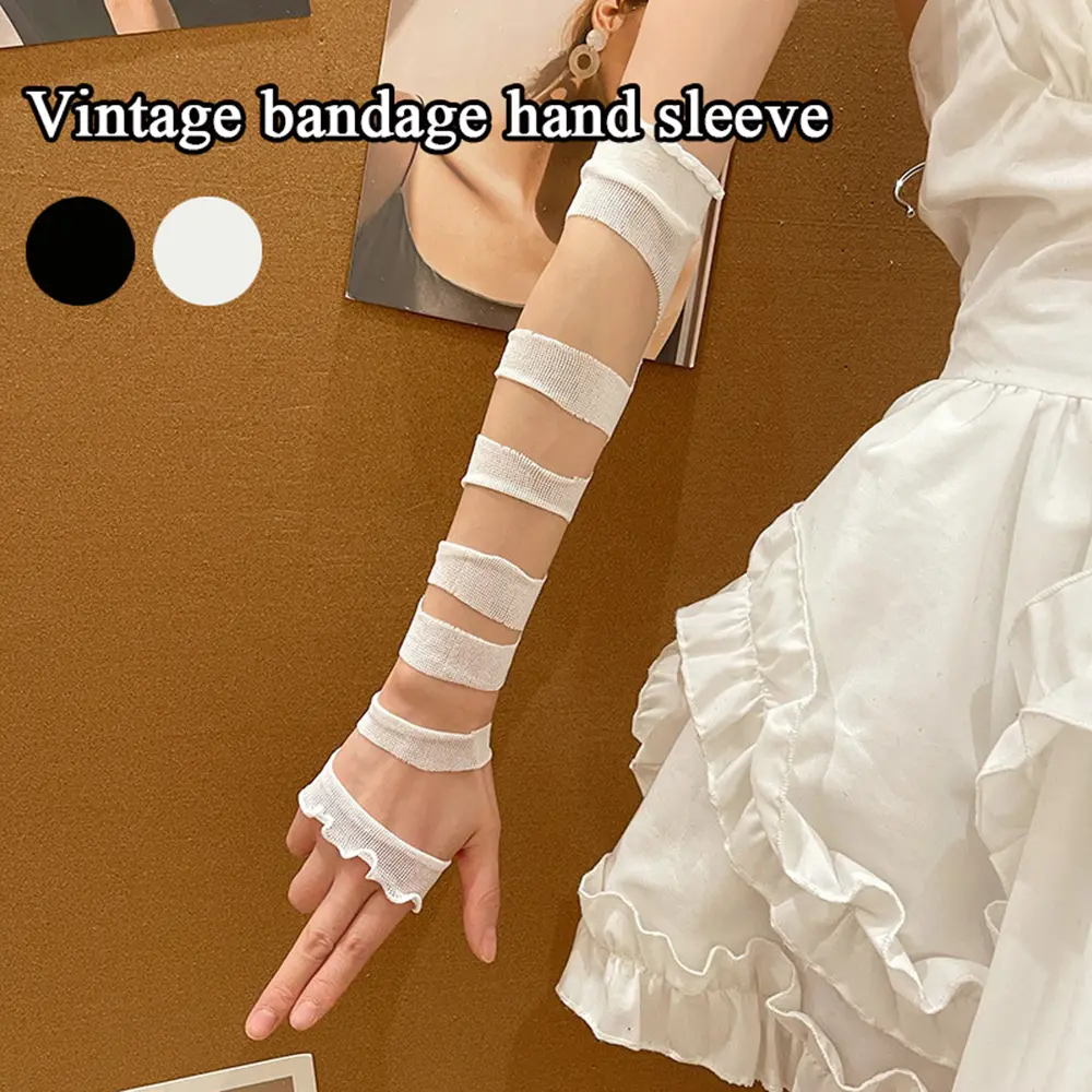 Cosplay Black White Bandages Arm Sleeves Girl Arm Cover Lolita Cosplay Gloves Korean Oversleeve Dress Up Fingerless Gloves Y2K