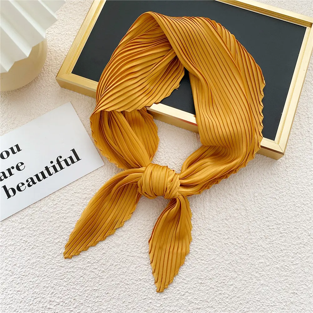 2023 Pleated Satin Scarf for Women Neckerchief Ribbon Square Skinny Hair Tie Band Kerchief Satin Foulard Scarves Headscarf