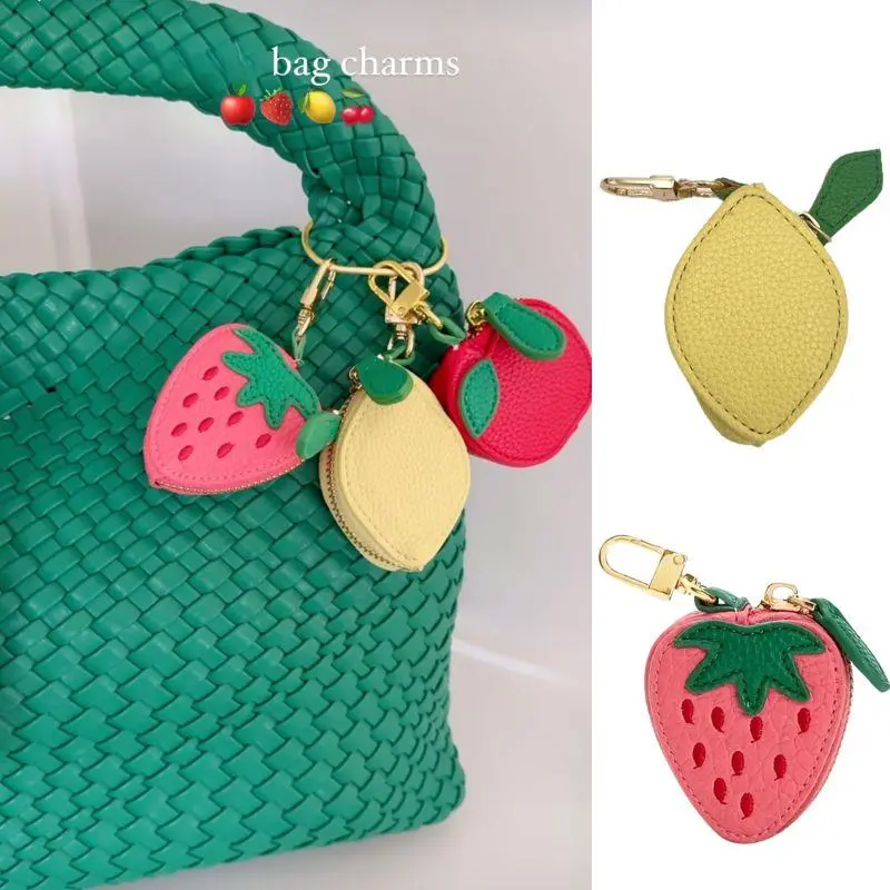 Strawberry Lemon Fruit Charm Coin Purse Genuine Leather Cute Key Chain Mini Pouch Wallet Gift For Girl Women Backpack Pendant