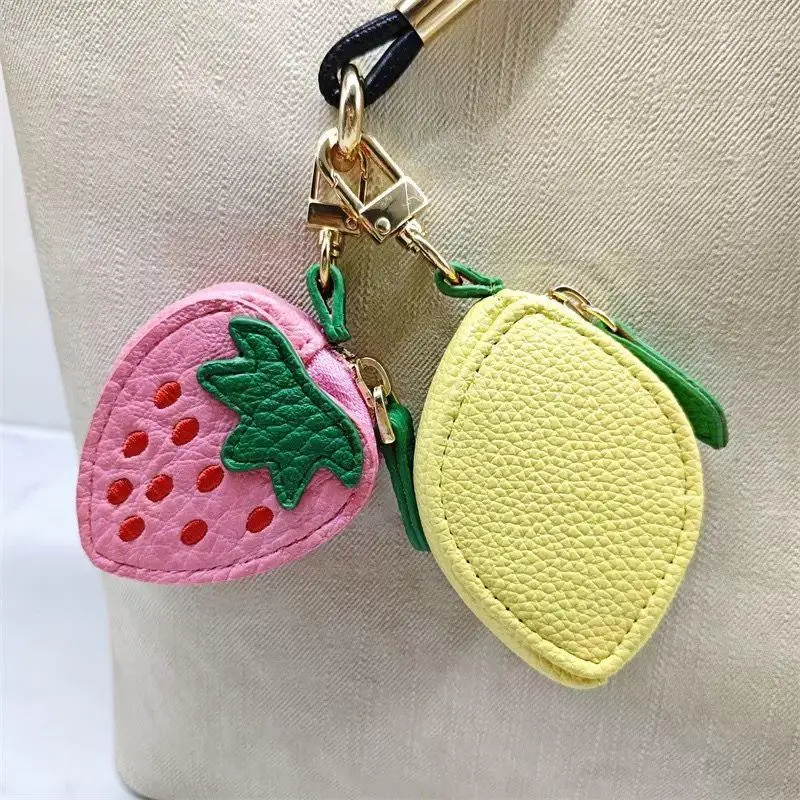Strawberry Lemon Fruit Charm Coin Purse Genuine Leather Cute Key Chain Mini Pouch Wallet Gift For Girl Women Backpack Pendant