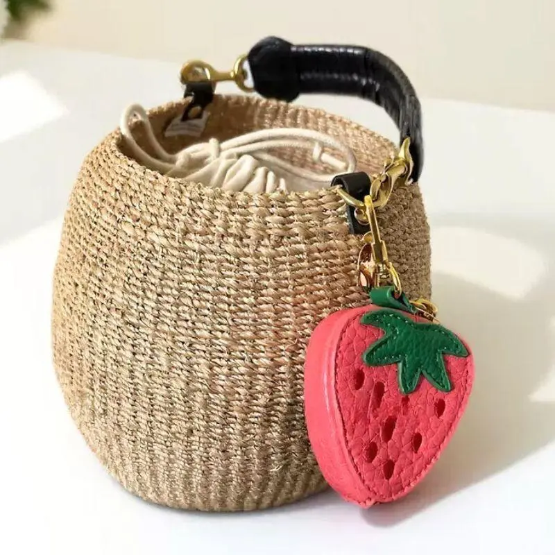 Strawberry Lemon Fruit Charm Coin Purse Genuine Leather Cute Key Chain Mini Pouch Wallet Gift For Girl Women Backpack Pendant