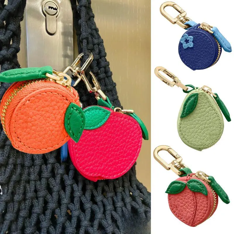 Red Apple Fruit Charm Coin Purse Cute Key Chain Mini Pouch Wallet Gift For Girl Women PU Leather Pendant Zipper Keychain