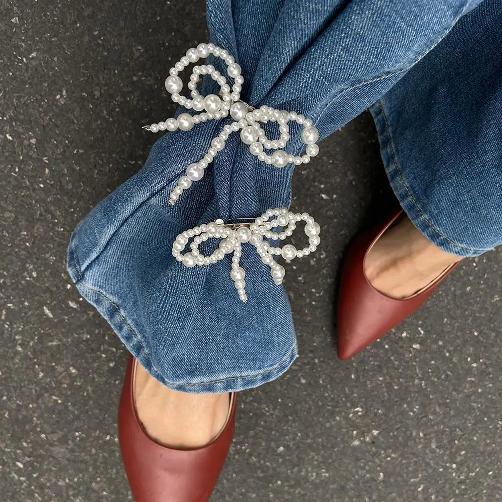 Fashion Heart Pearl Bow Brooch Tassel Button Clasps Fixed Clothes Pin Adjustable Detachable Jean Fit Tighten Buckle Unisex