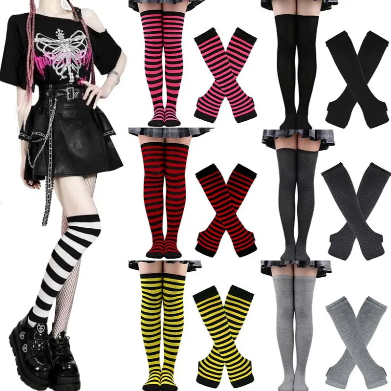 2Pair/Set Women Gothic Punk Over Knee Long Stripe Socks Girl Arm Sleeve Gloves Thigh High Cotton Socks Sweet Cute Christmas Gift