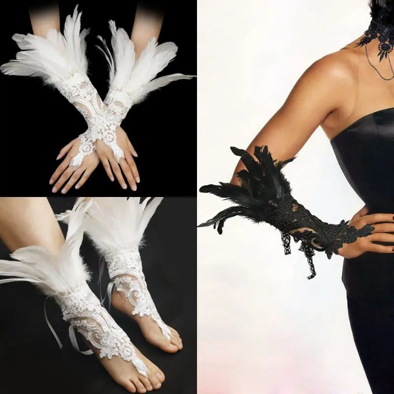 Fashion Feather Sleeve Cuffs Gloves Party Cosplay Lace Wrist Cuffs Fur Sleeve Furry Accessories Carnival Stage Show Costume