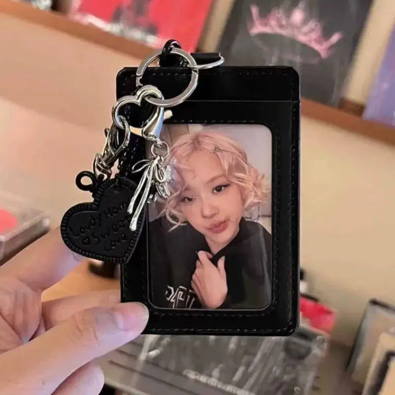 INS Style PU Card Holder Student ID Card Storage Protective Cover Idol Photocard Holder Black Card Cover Silver Cat Bow Pendant