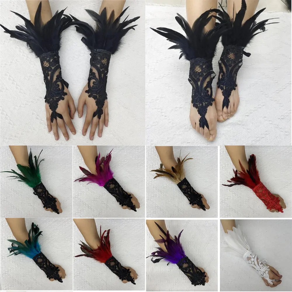 Lace Feather Long Gloves Gothic Mesh Sleeve Halloween Party Hook Embroidery White Mittins Female Stage Accessory Gothic Sleeve