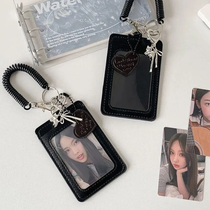 INS Style PU Card Holder Student ID Card Storage Protective Cover Idol Photocard Holder Black Card Cover Silver Cat Bow Pendant