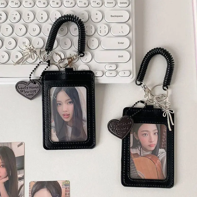 INS Style PU Card Holder Student ID Card Storage Protective Cover Idol Photocard Holder Black Card Cover Silver Cat Bow Pendant