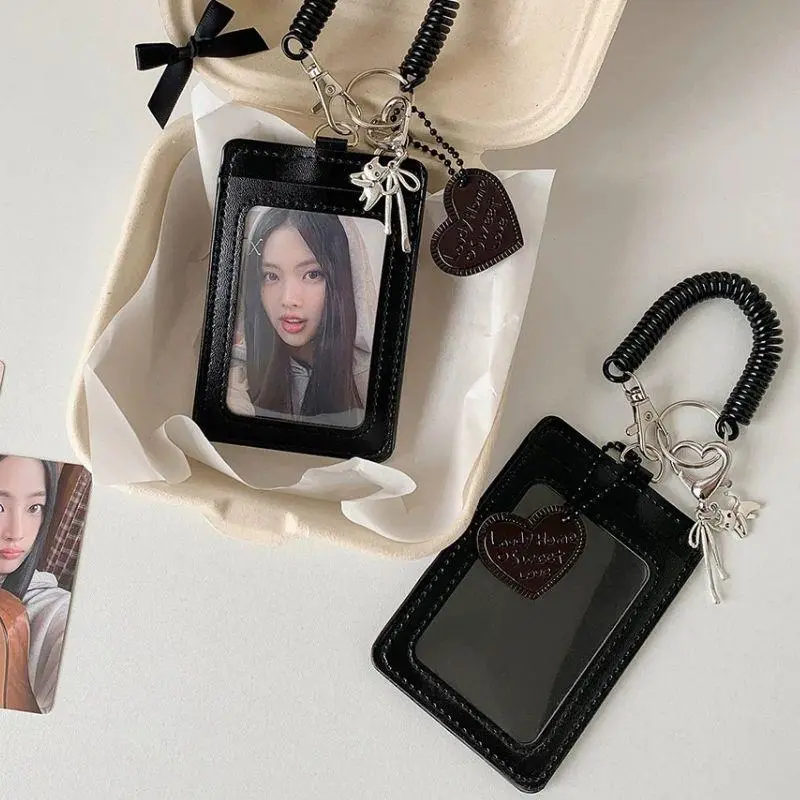 INS Style PU Card Holder Student ID Card Storage Protective Cover Idol Photocard Holder Black Card Cover Silver Cat Bow Pendant