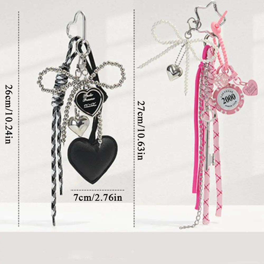 Fashionable Heart Leather Rope Keychain Handmade Love Heart Pearl Bow Bag Pendant Y2K Bag Charms Gifts INS Hanging Accessories
