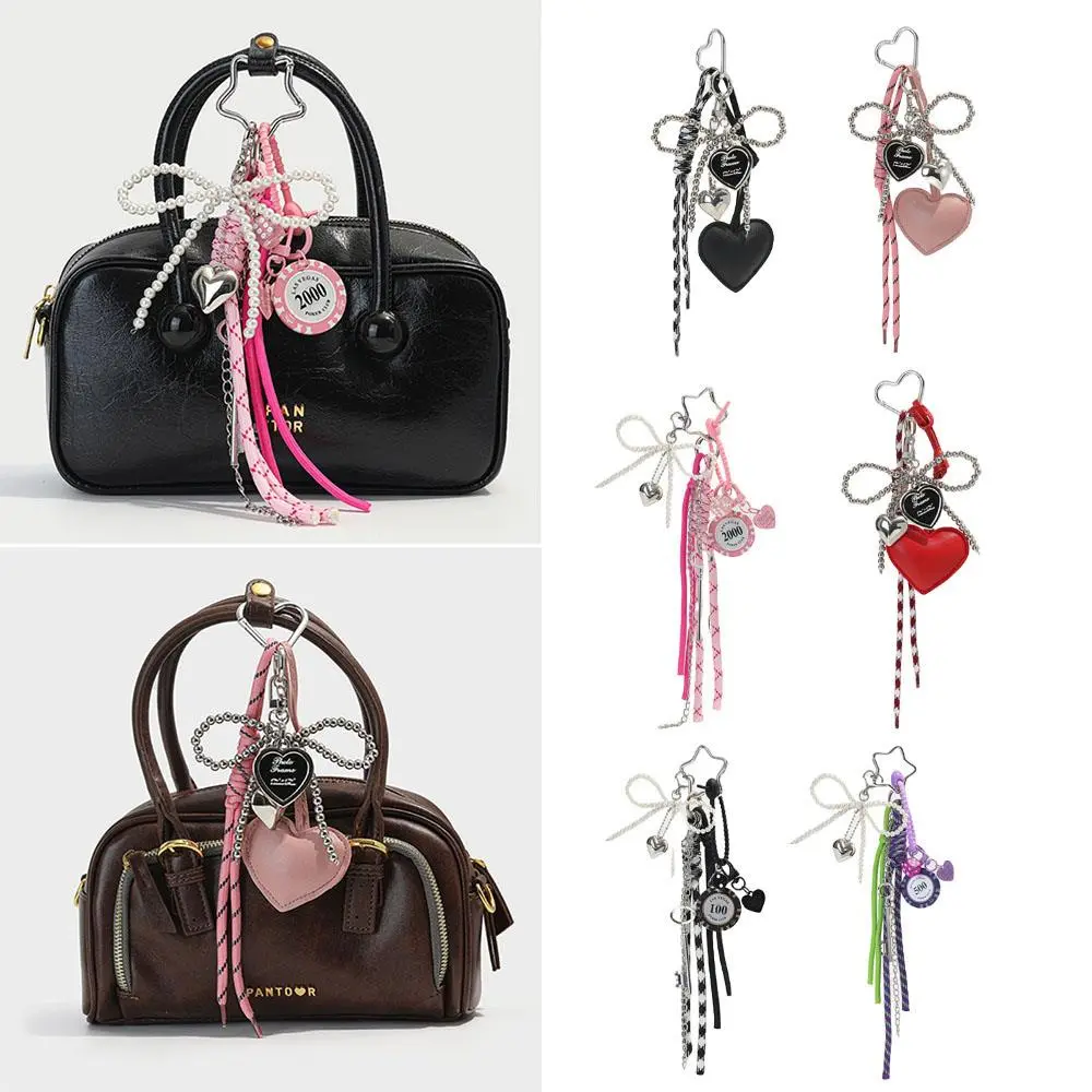 Fashionable Heart Leather Rope Keychain Handmade Love Heart Pearl Bow Bag Pendant Y2K Bag Charms Gifts INS Hanging Accessories