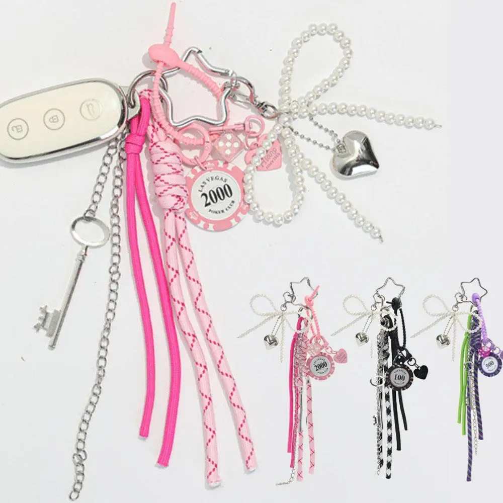 Fashionable Heart Leather Rope Keychain Handmade Love Heart Pearl Bow Bag Pendant Y2K Bag Charms Gifts INS Hanging Accessories