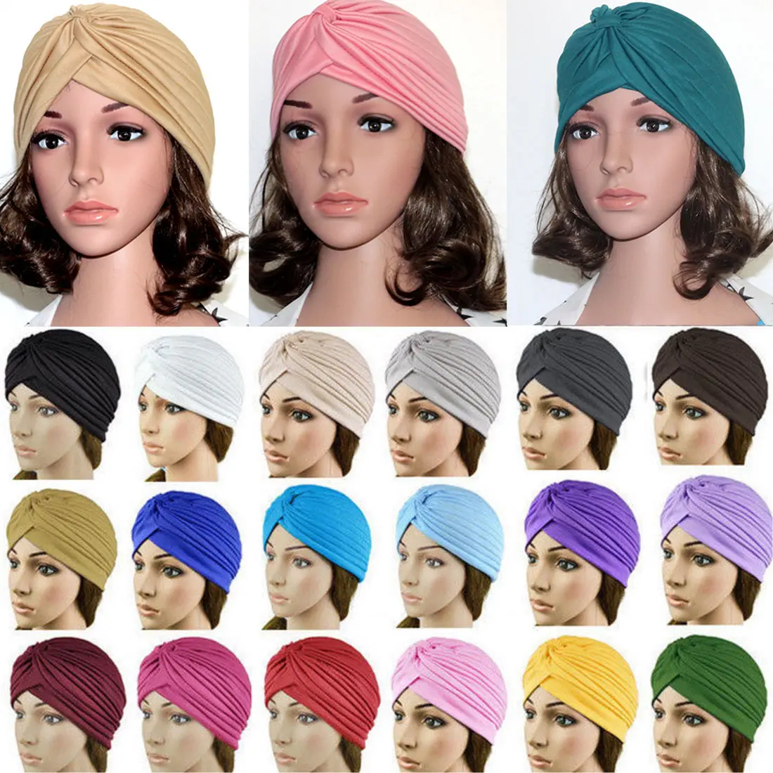 Elastic Muslim Bandanas for Women Turban Solid Color Headband Indian Hats Polyester Headbands Girls Head Scarf Hair Accessories