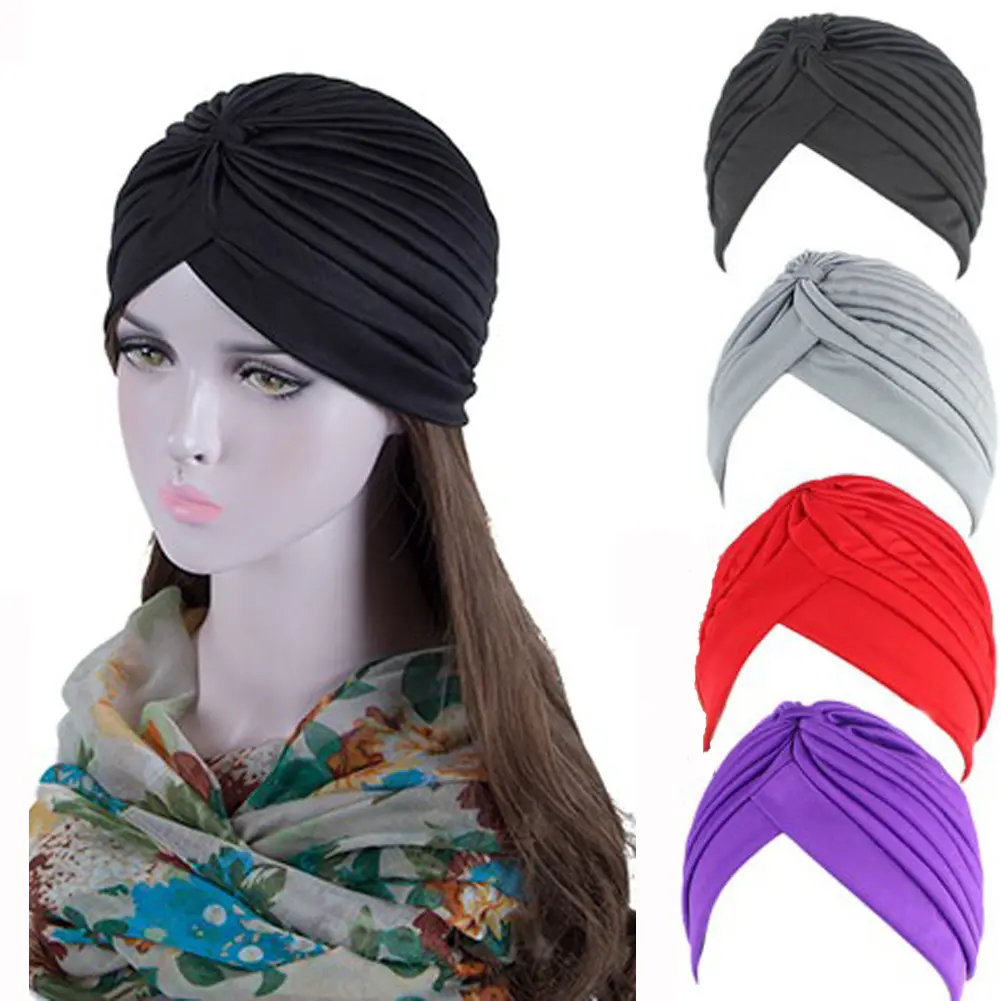 Elastic Muslim Bandanas for Women Turban Solid Color Headband Indian Hats Polyester Headbands Girls Head Scarf Hair Accessories