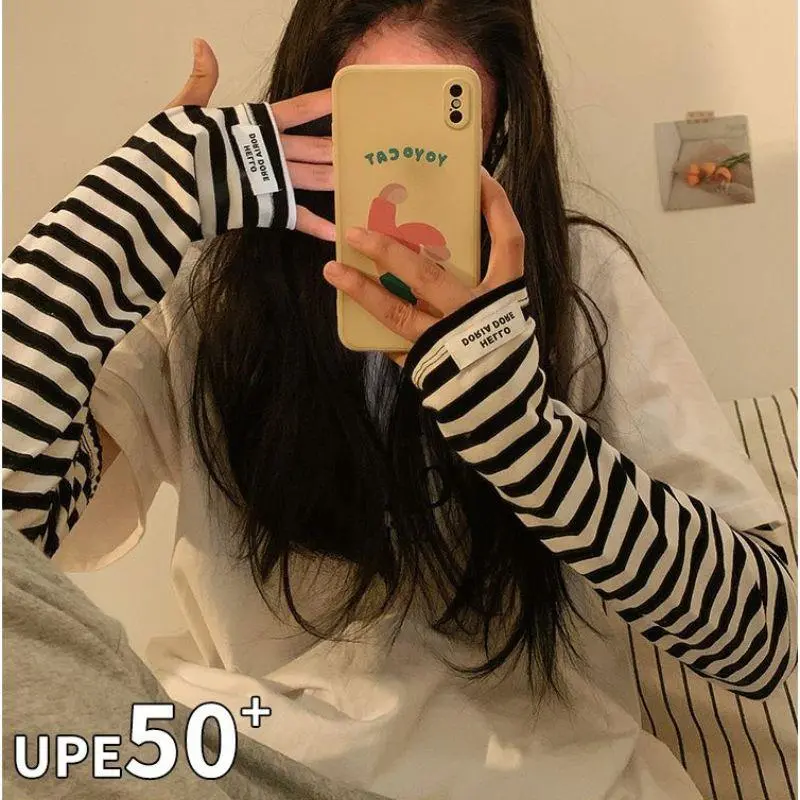 Y2K UV Protection Arm Gloves Harajuku Stripe Driving Ice Sleeves Ice Silk Gloves Women Summer Cycling Loose Sunblock Hand Sleeve