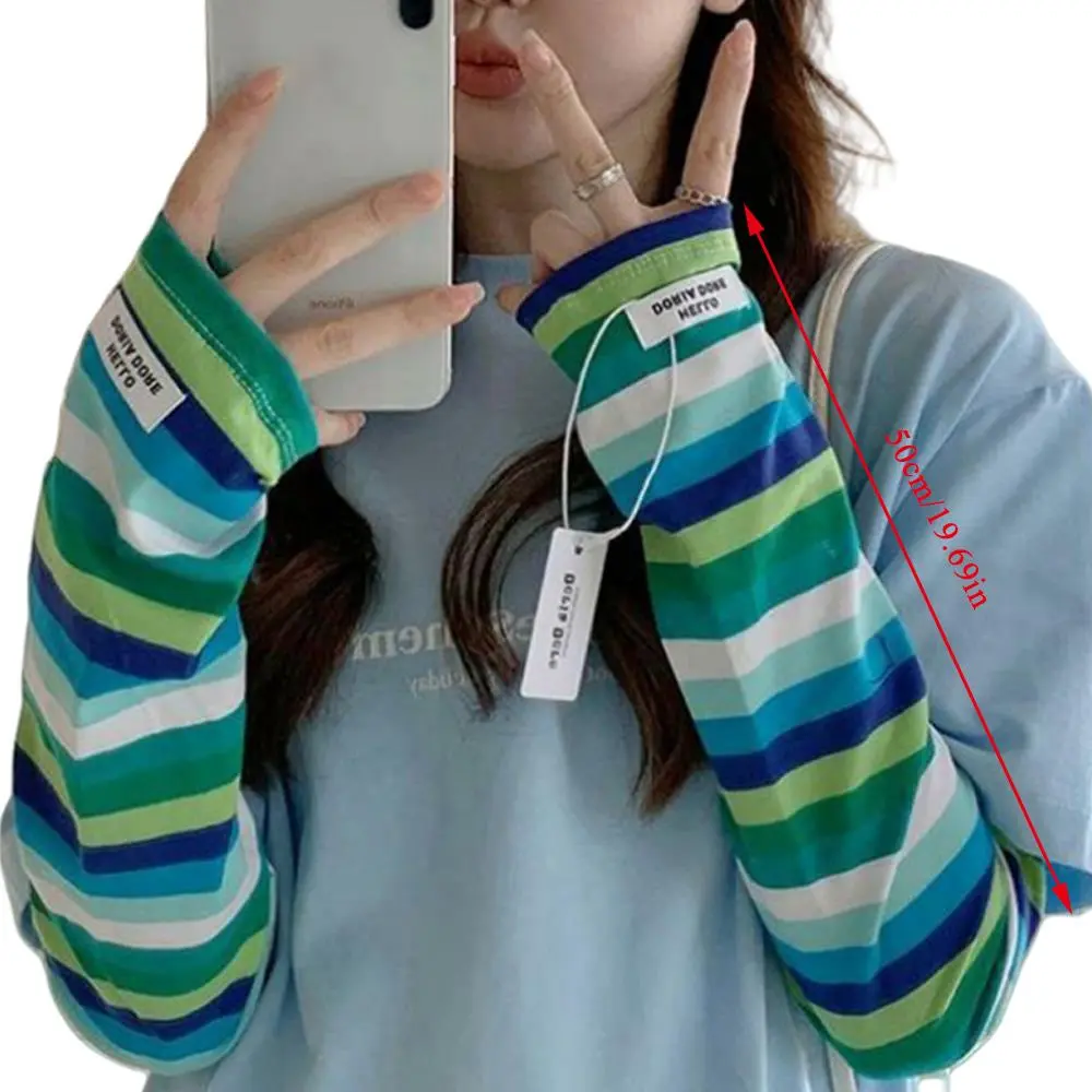 Y2K UV Protection Arm Gloves Harajuku Stripe Driving Ice Sleeves Ice Silk Gloves Women Summer Cycling Loose Sunblock Hand Sleeve