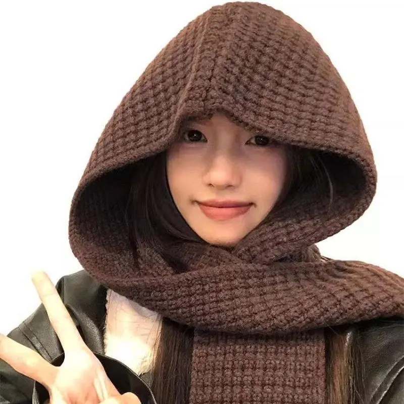 Korean Women Balaclava Scarf Hat Winter Warm Earmuffs Cap Thicken Woolen Neck Ear Protector Headgear Solid Knit Beanies