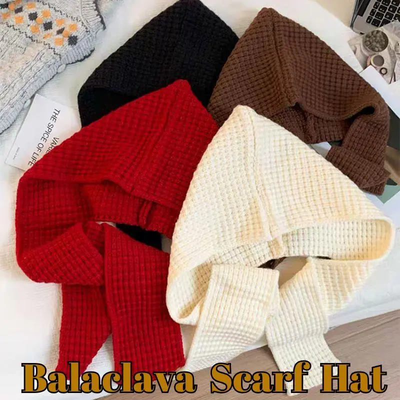 Korean Women Balaclava Scarf Hat Winter Warm Earmuffs Cap Thicken Woolen Neck Ear Protector Headgear Solid Knit Beanies