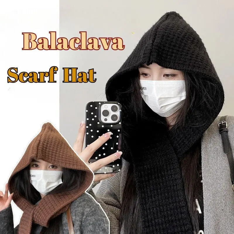 Korean Women Balaclava Scarf Hat Winter Warm Earmuffs Cap Thicken Woolen Neck Ear Protector Headgear Solid Knit Beanies