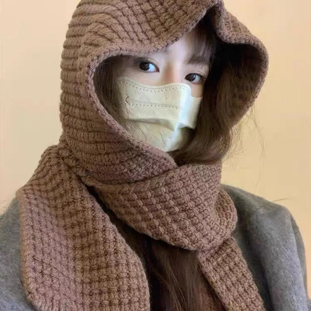 Korean Women Balaclava Scarf Hat Winter Warm Earmuffs Cap Thicken Woolen Neck Ear Protector Headgear Solid Knit Beanies