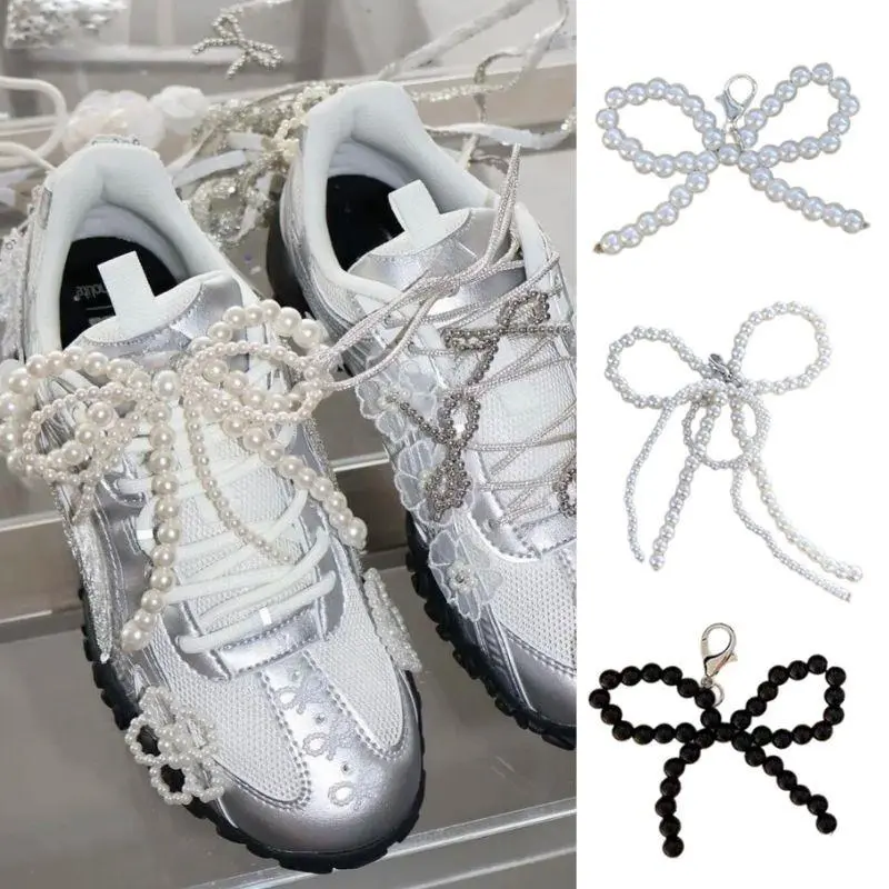 2PCS Double Layered Pearl Bead Bowknot Charm Shoe Buckle Handmade Shoes Clip Decoration Bag Pendant Bow Key Chain Accessories