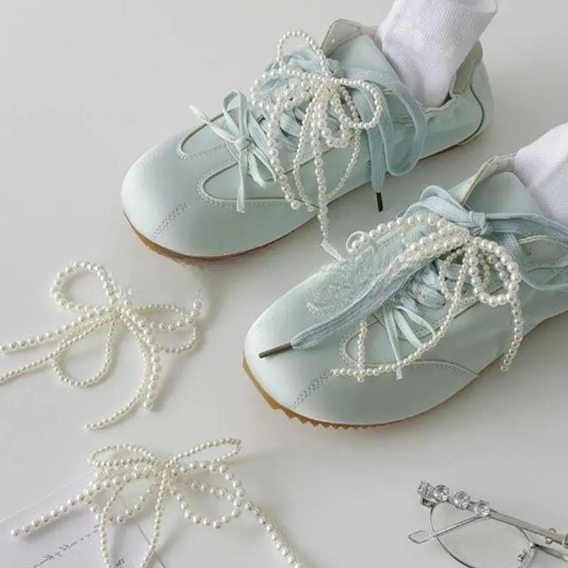 2PCS Double Layered Pearl Bead Bowknot Charm Shoe Buckle Handmade Shoes Clip Decoration Bag Pendant Bow Key Chain Accessories