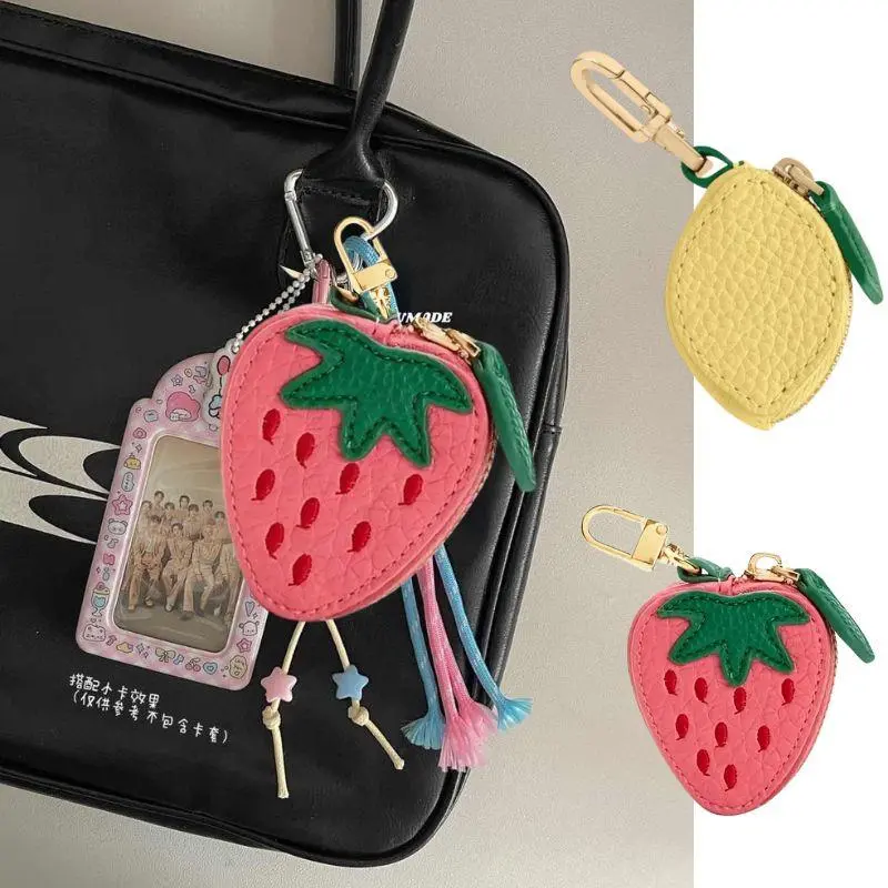 Pink Strawberry Fruit Yellow Lemon Charm Coin Purse With Key Chain Mini Pu Leather Pouch Wallet Gift For Girl Women Luxury