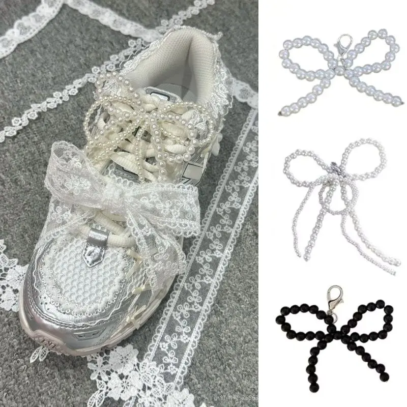 2PCS Double Layered Pearl Bead Bowknot Charm Shoe Buckle Handmade Shoes Clip Decoration Bag Pendant Bow Key Chain Accessories