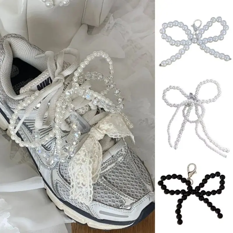 2PCS Double Layered Pearl Bead Bowknot Charm Shoe Buckle Handmade Shoes Clip Decoration Bag Pendant Bow Key Chain Accessories