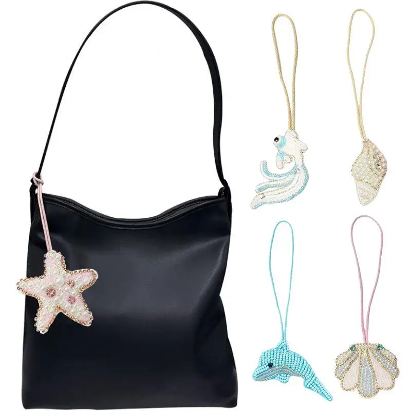 3D Beaded Conch Shells Starfish Hanging Rope Keychain Rhinestone Beaded Patches Crystal Bag Charm Handmade Hanging Decoration