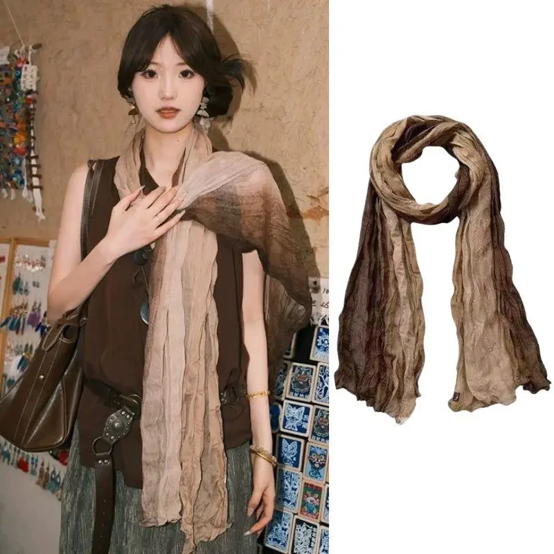 New Women's Long Pleated Shawl Gradient Cotton Hemp Scarf 180x90cm Autumn Winter Versatile DIY Wasteland Style Long Hijab Scarf