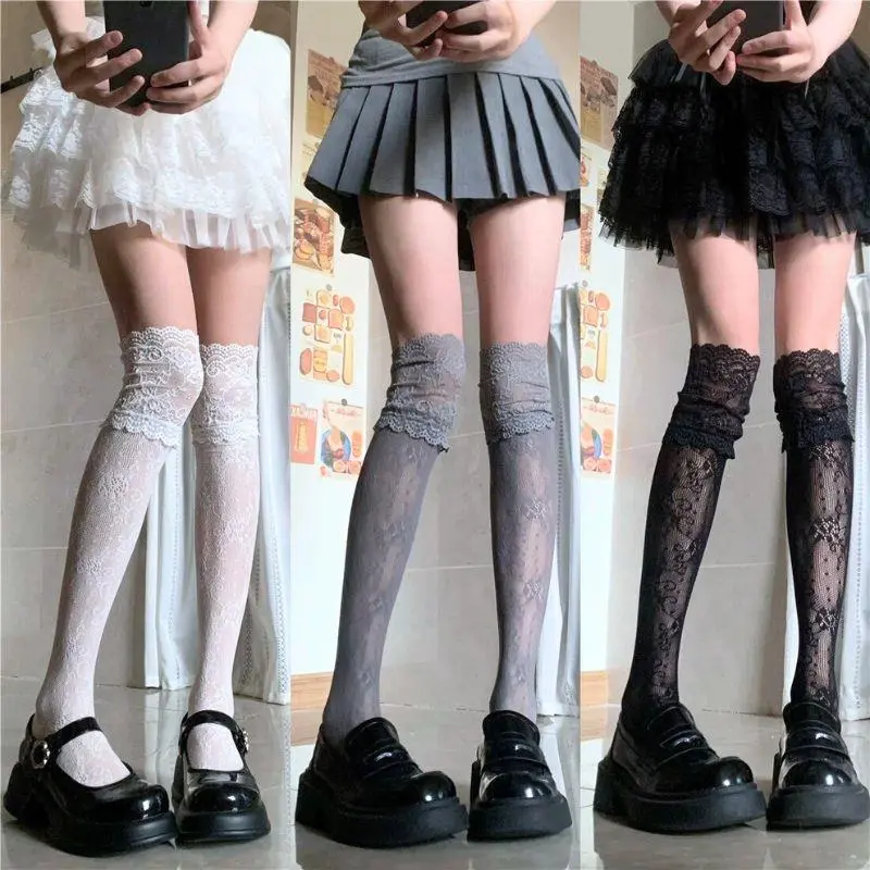 Y2K Women's Sexy Lace Floral Fishnet Stockings Costumes JK Lolita Thigh High Socks Lace Trim Mesh Breathable Over Knee Stockings