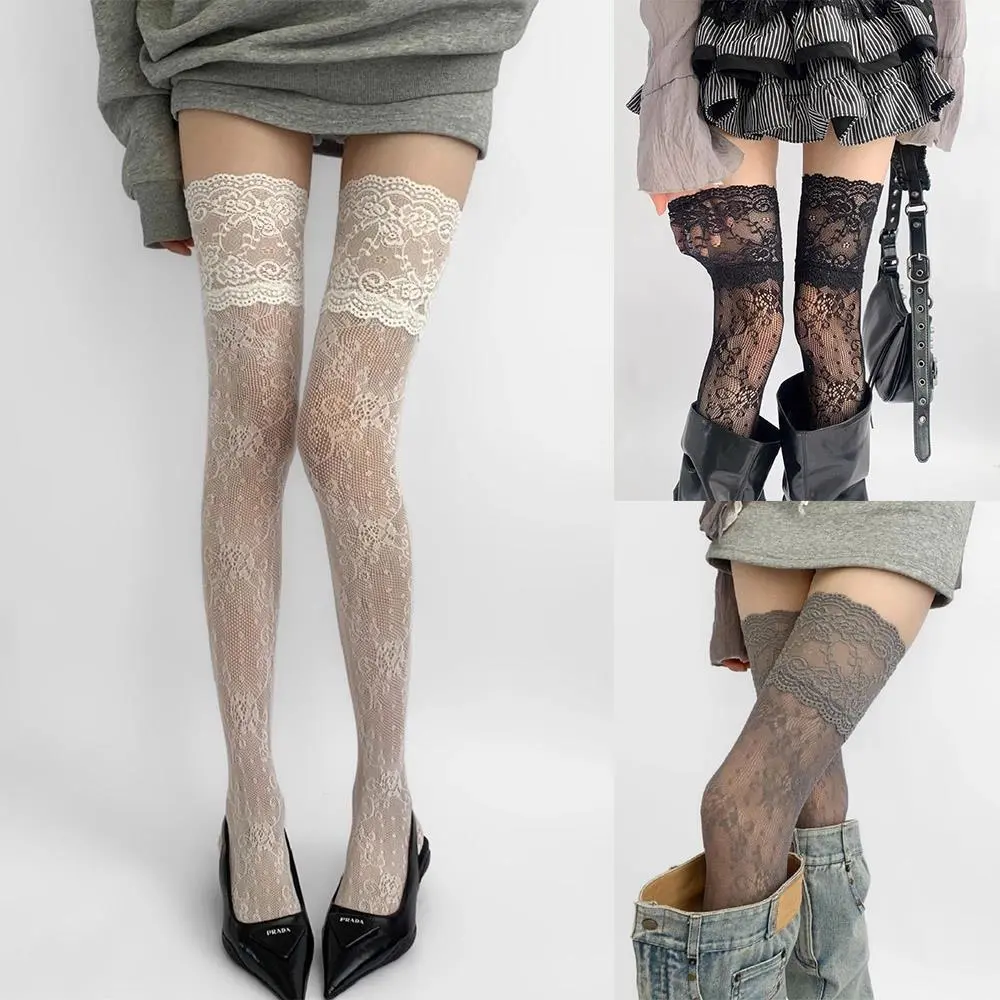 Y2K Women's Sexy Lace Floral Fishnet Stockings Costumes JK Lolita Thigh High Socks Lace Trim Mesh Breathable Over Knee Stockings