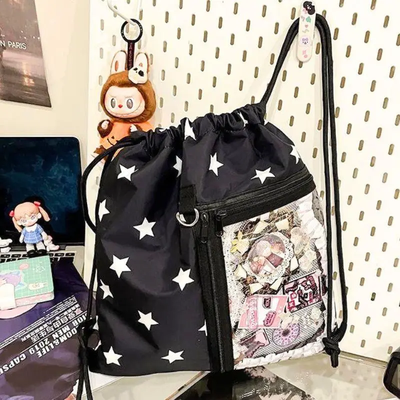 Korean Star Print Drawstring Canvas Backpacks For Women Girls Large Capacity Transparent Pain-Free Bag Student Bags Backpack