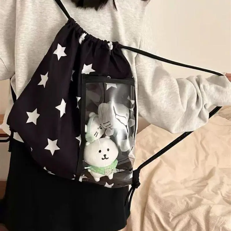 Korean Star Print Drawstring Canvas Backpacks For Women Girls Large Capacity Transparent Pain-Free Bag Student Bags Backpack