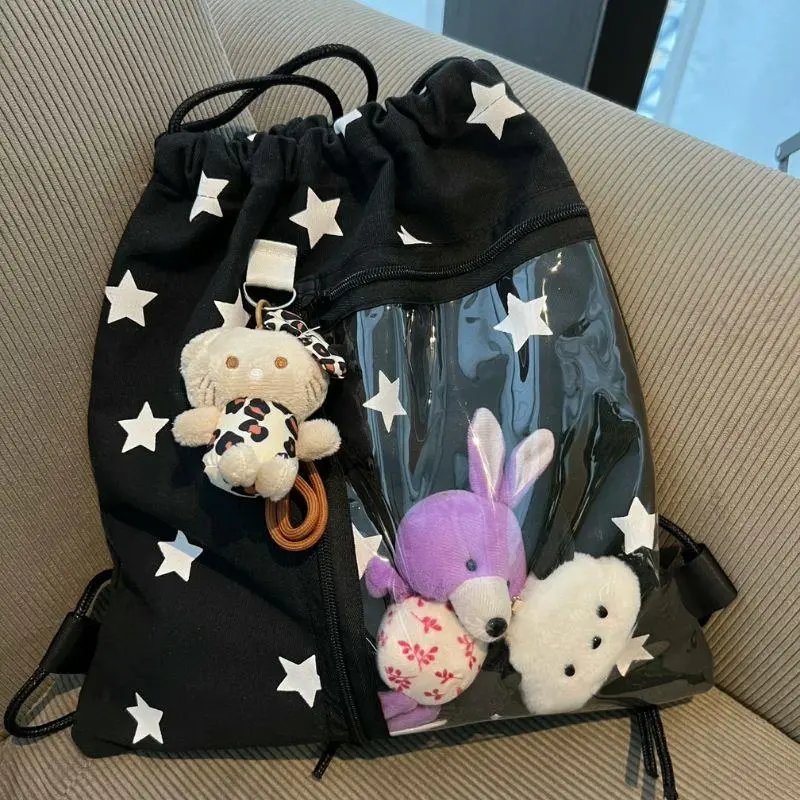 Korean Star Print Drawstring Canvas Backpacks For Women Girls Large Capacity Transparent Pain-Free Bag Student Bags Backpack