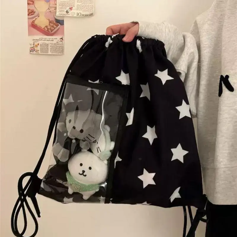 Korean Star Print Drawstring Canvas Backpacks For Women Girls Large Capacity Transparent Pain-Free Bag Student Bags Backpack