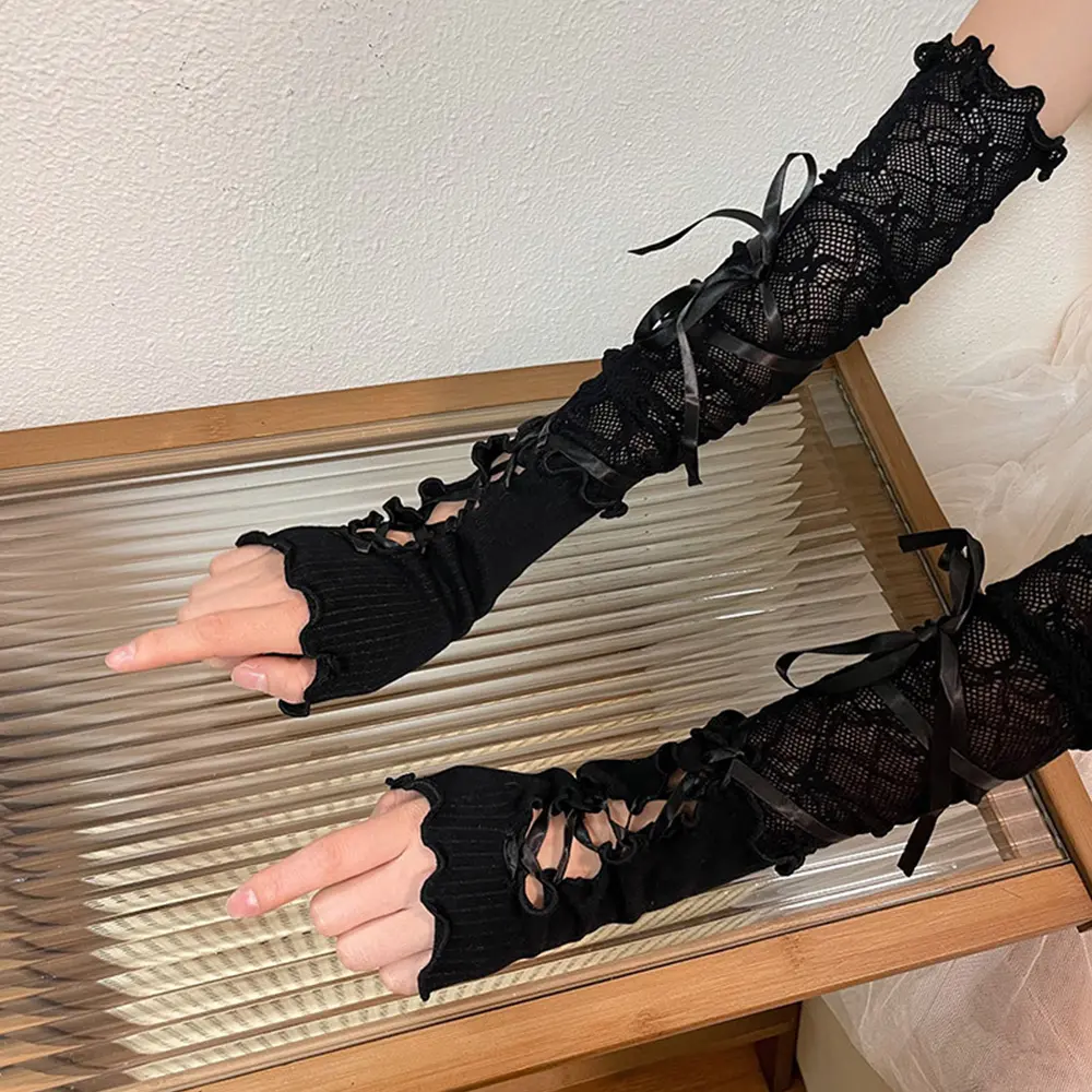 Y2K Lolita Gloves Ballet Style Black White Lace Sleeves Gothic Strap Lace-Up Hand Sleeve Sunscreen Sleeve Women Mesh Punk Gloves