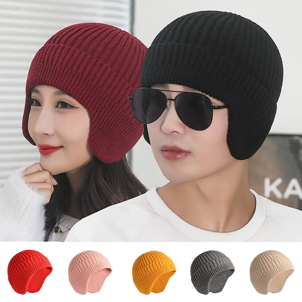 Solid Knitted Hat Winter Imitation Rabbit Fleece Hats For Men Warm Ear Caps Autumn Beanie Hat Men's Winter Cap Windproof Warm