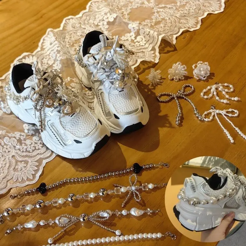 Y2K Metal Baroque Pearl Shoe Chain Sneakers Shoe Buckle Pearl Pendant Rhinestones Gem Shoe Charms Buckle Shoe Accessories