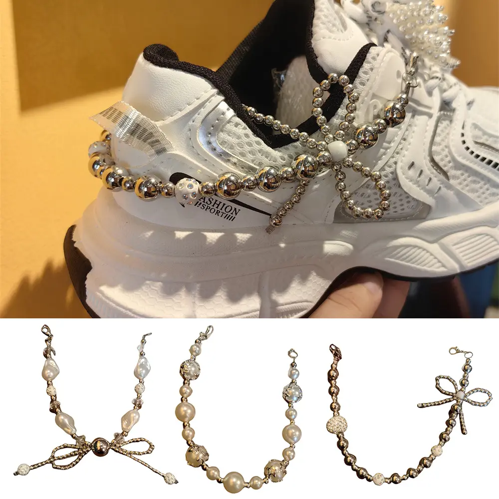 Y2K Metal Baroque Pearl Shoe Chain Sneakers Shoe Buckle Pearl Pendant Rhinestones Gem Shoe Charms Buckle Shoe Accessories