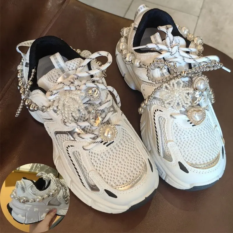 Y2K Metal Baroque Pearl Shoe Chain Sneakers Shoe Buckle Pearl Pendant Rhinestones Gem Shoe Charms Buckle Shoe Accessories