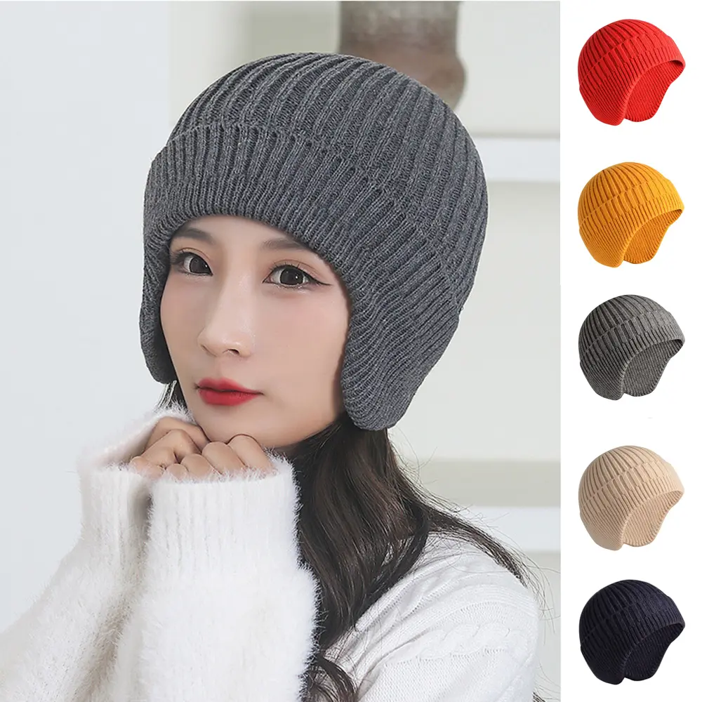 Solid Knitted Hat Winter Imitation Rabbit Fleece Hats For Men Warm Ear Caps Autumn Beanie Hat Men's Winter Cap Windproof Warm
