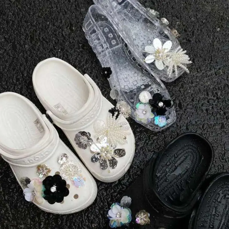 Jelly Shoe Decorations Exquisite Sequin Flowers Beaded Shoe Charms Shiny Pearl Sequin Jelly Shoe Flowers DIY Hole Shoe Accessory