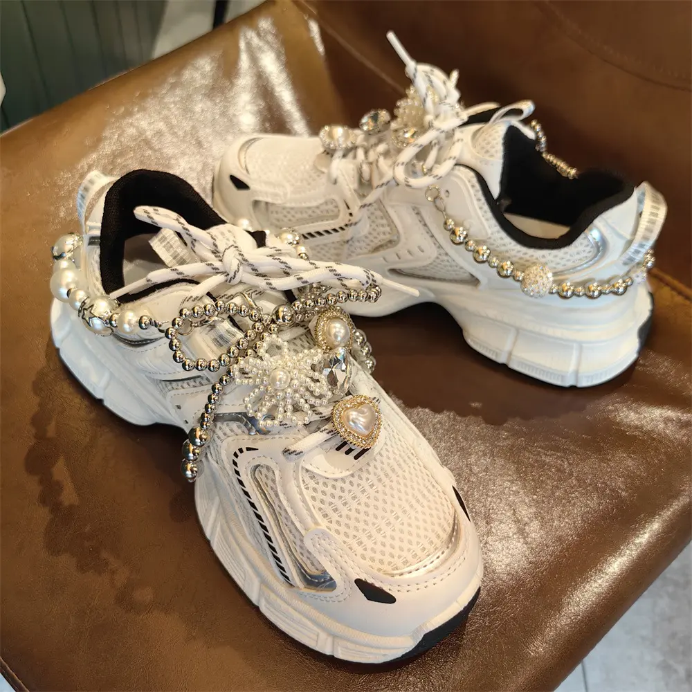Y2K Metal Baroque Pearl Shoe Chain Sneakers Shoe Buckle Pearl Pendant Rhinestones Gem Shoe Charms Buckle Shoe Accessories
