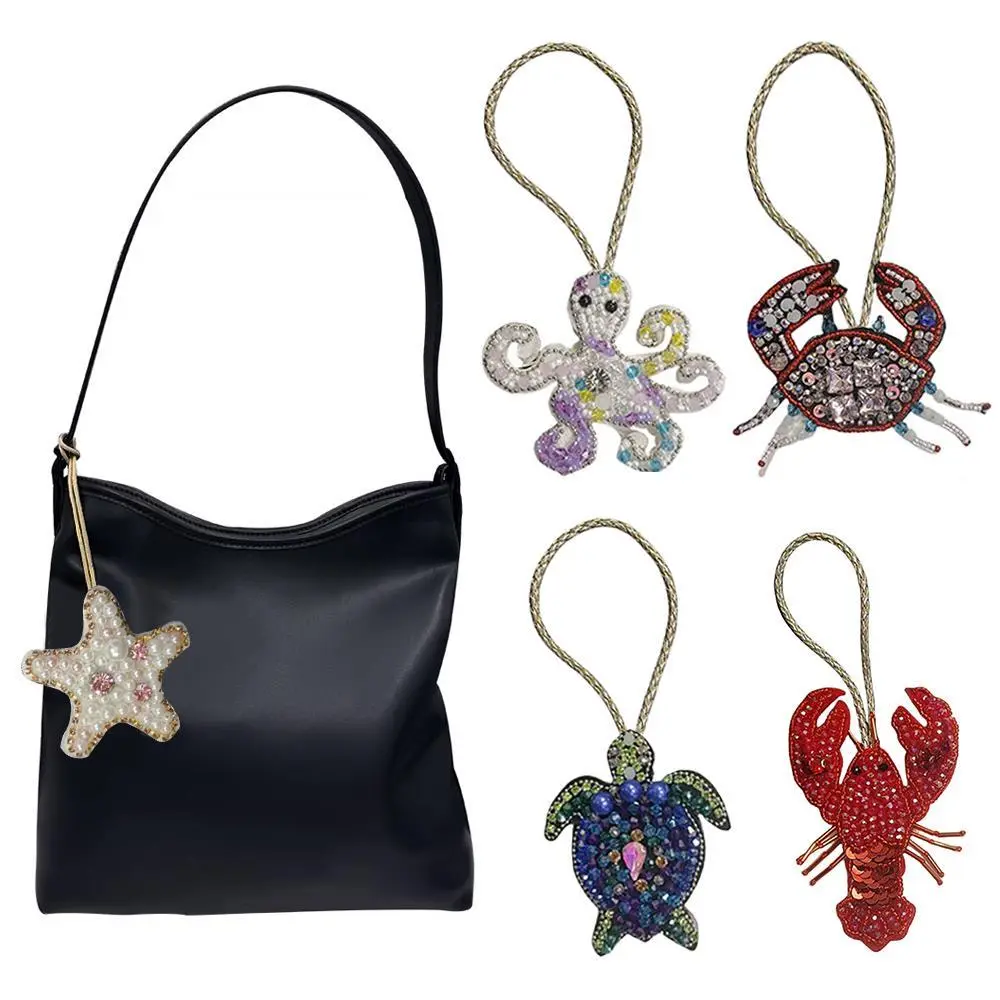 Fashion Rhinestone Crab Hangings,Handmade Beaded Lobster Hanging Rope Patch Crystal Bag Lanyard Beading Ocean Animals Applique